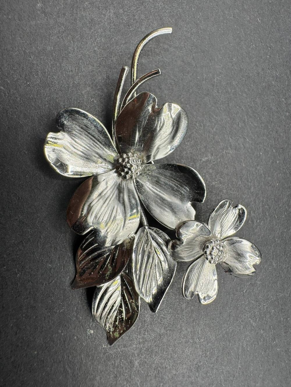Vintage HSB Sterling Silver Dogwood Flower Brooch Pin Floral Botanical Jewelry
